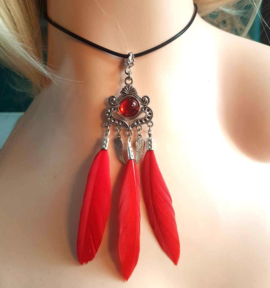 Red feather necklace on sale