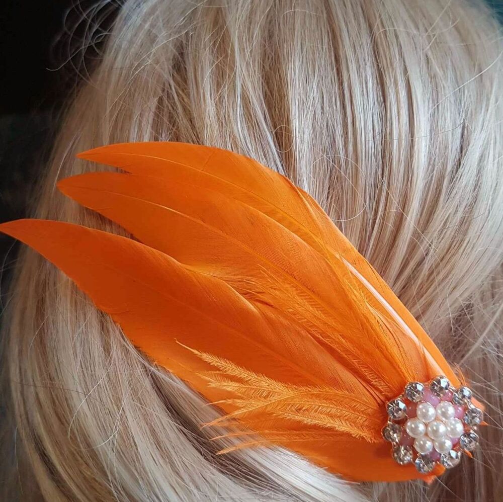 Orange Feather Hair Clip, Pointed