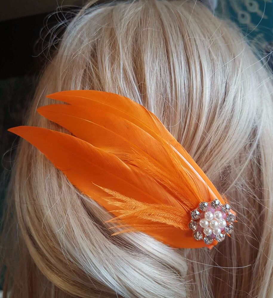 Orange Feather Hair Clip, Pointed