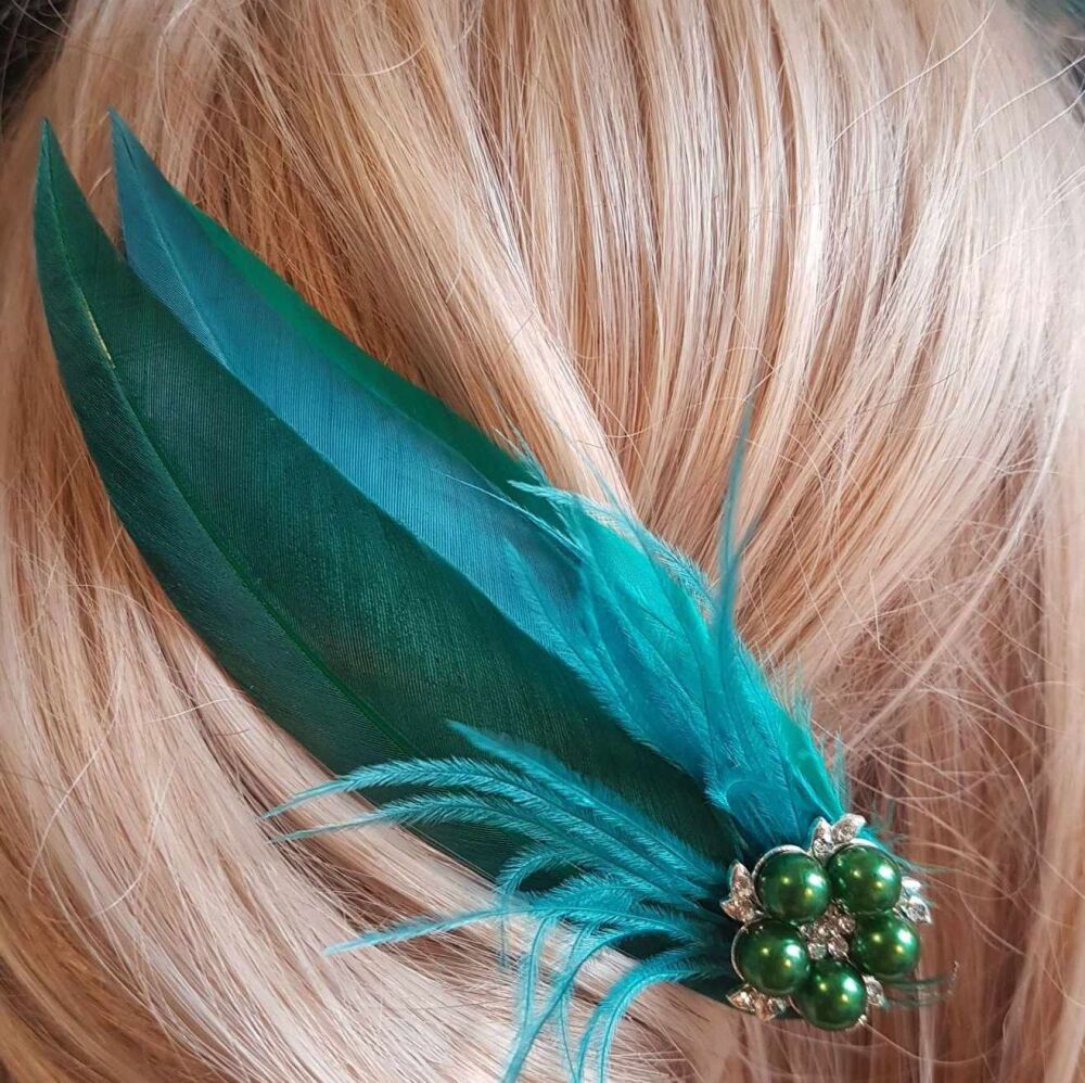 Green and Teal Feather Hair Clip, Pointed