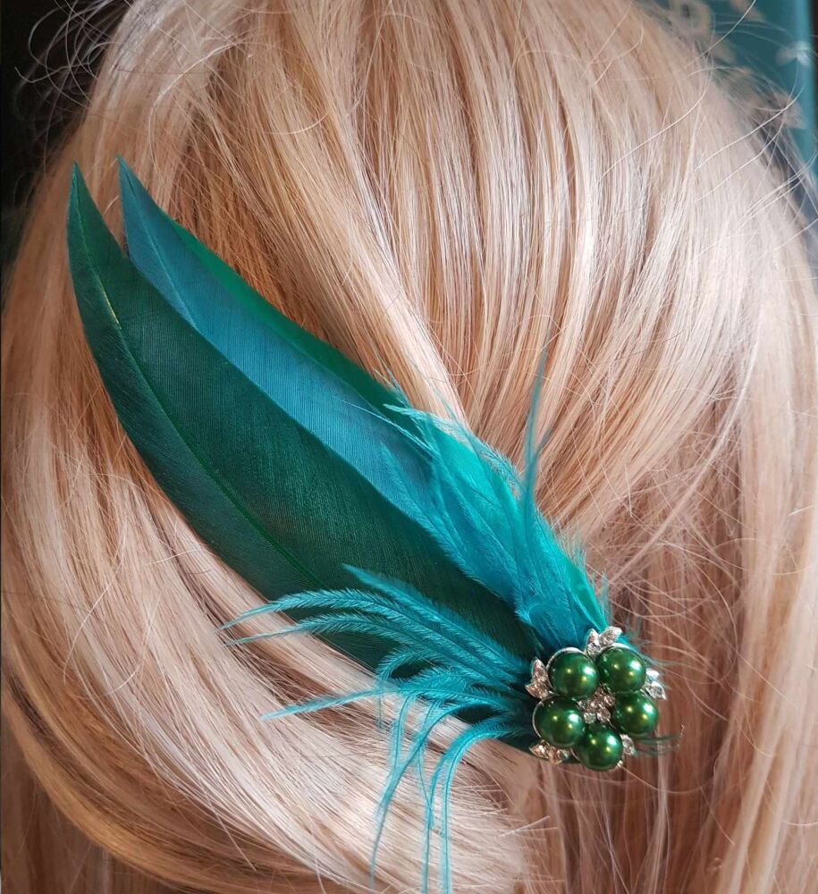 Green and Teal Feather Hair Clip, Pointed