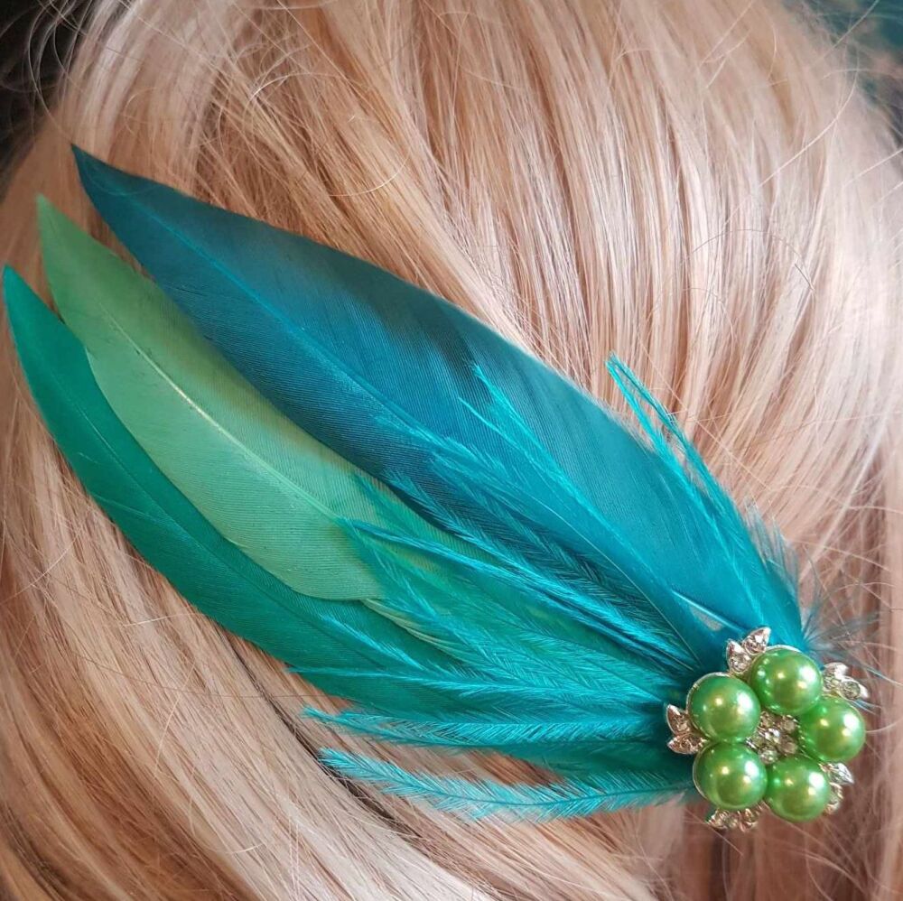 Jade Green, Mint and Teal Feather Hair Clip, Pointed