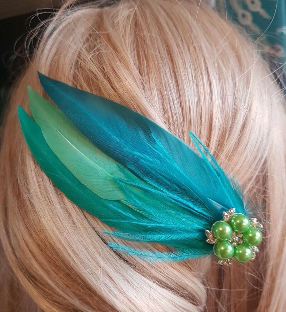 Jade Green, Mint and Teal Feather Hair Clip, Pointed