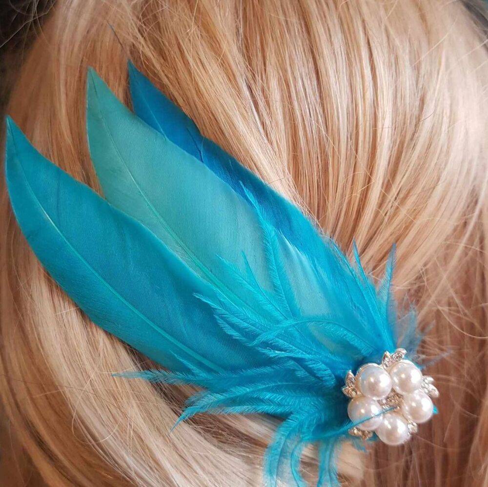 Blue Feather Hair Clip, Pointed in Three Blue Shades
