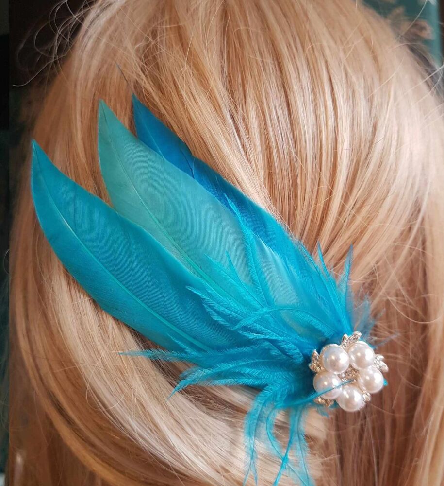 Blue Feather Hair Clip, Pointed in Three Blue Shades