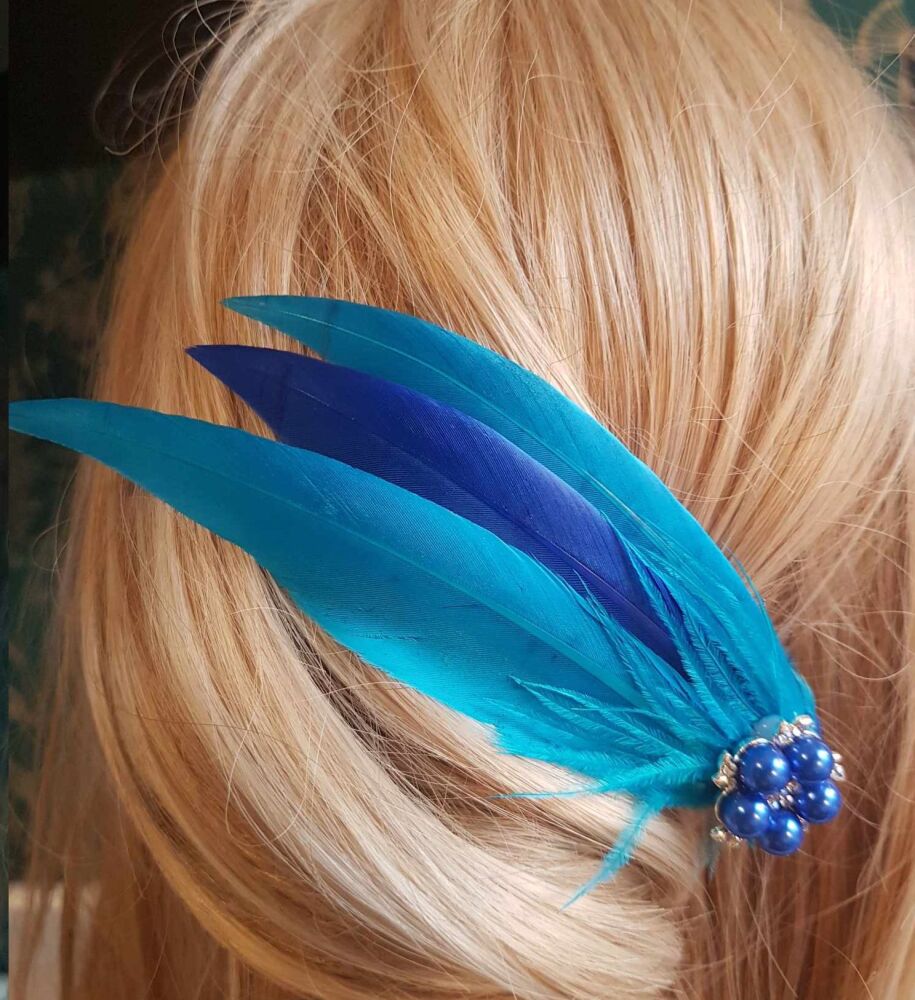 Blue and Royal Blue Feather Hair Clip, Pointed