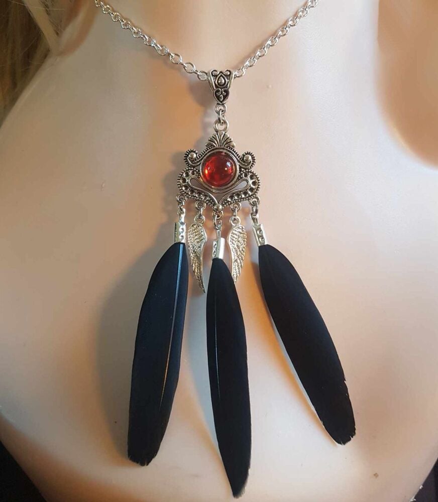 Black Feather Necklace with Silver Feather Charms, Red Gem and 20" Silver Necklace