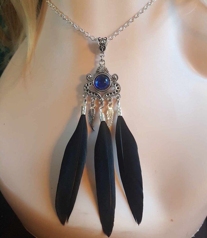 Black Feather Necklace with Silver Feather Charms, Royal Blue Gem and 20" Silver Necklace