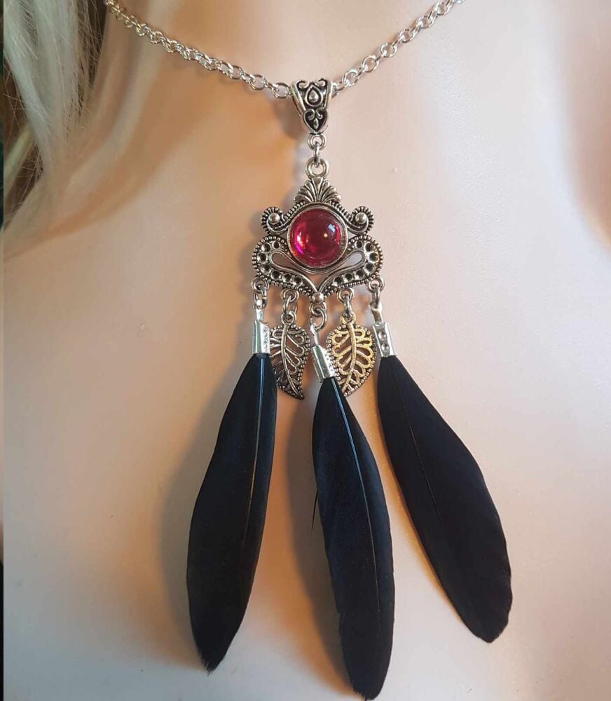 Black Feather Necklace with Silver Feather Charms, Shocking Pink Gem and 20" Silver Necklace