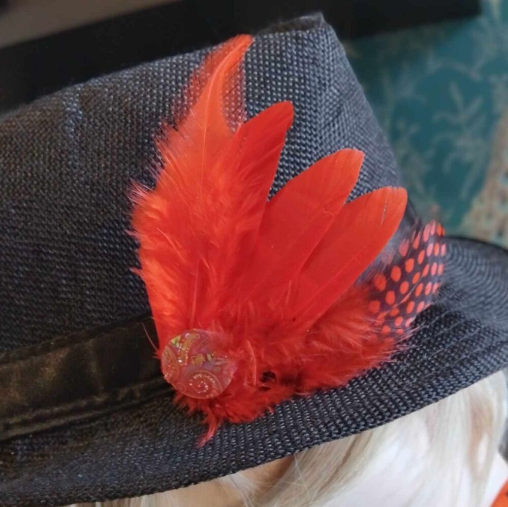 Red Feather Hair Clip, Buttonhole, Hat Brooch, Lapel Pin
