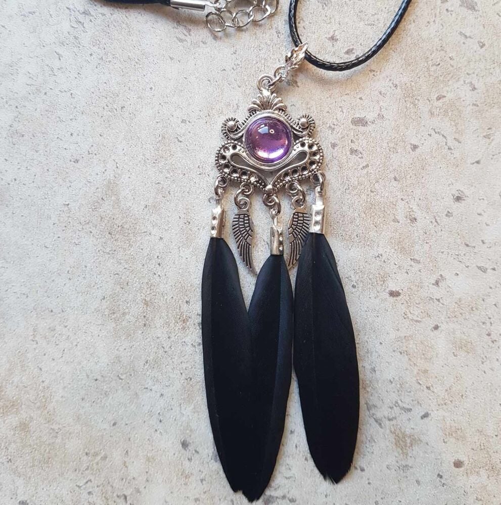 Black Feather Necklace with Silver Feather Charms, Lilac Gem Hangs from 18" Black Cord