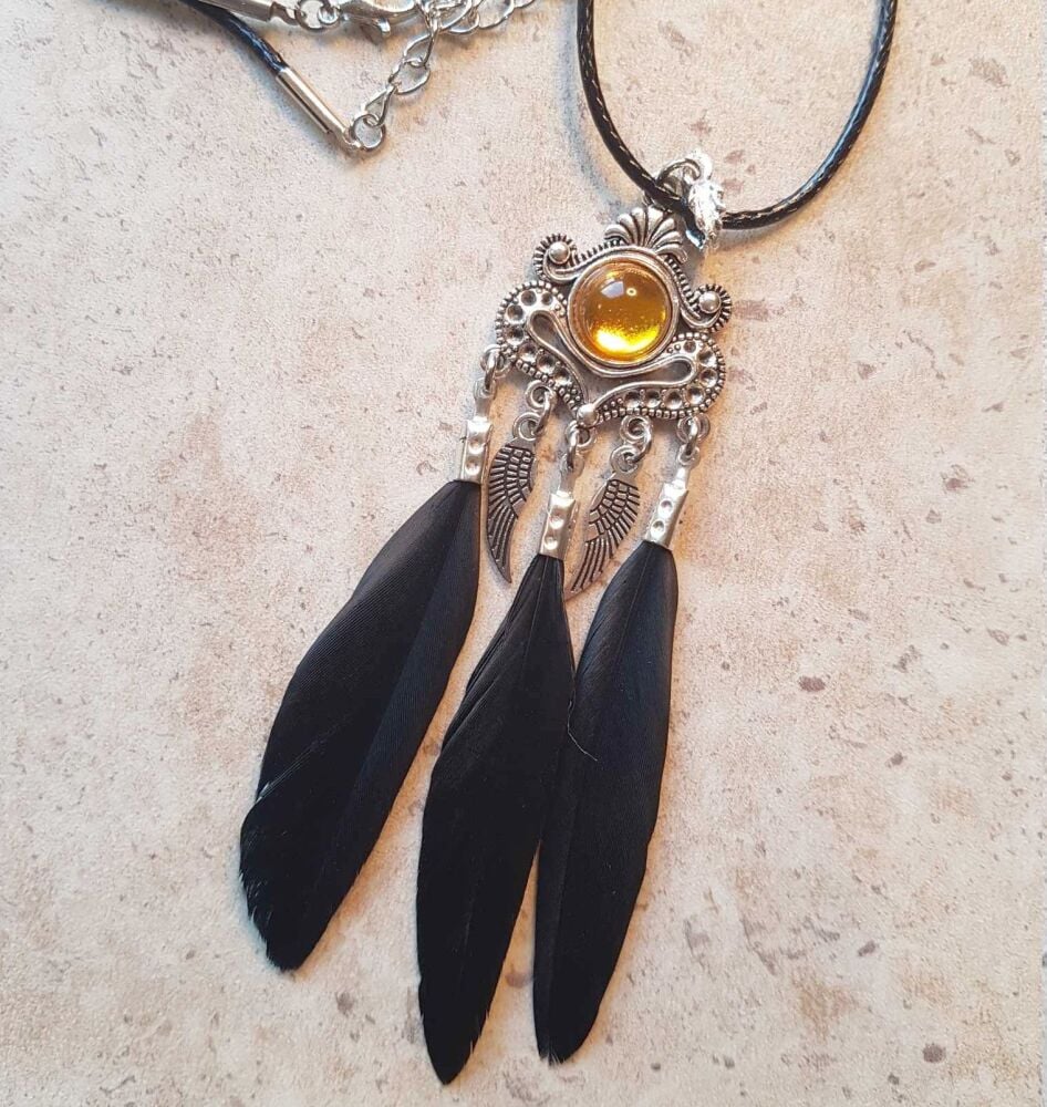 Black Feather Necklace with Golden Yellow Stone, Angel Wing Silver Charms and Black Cord Necklace