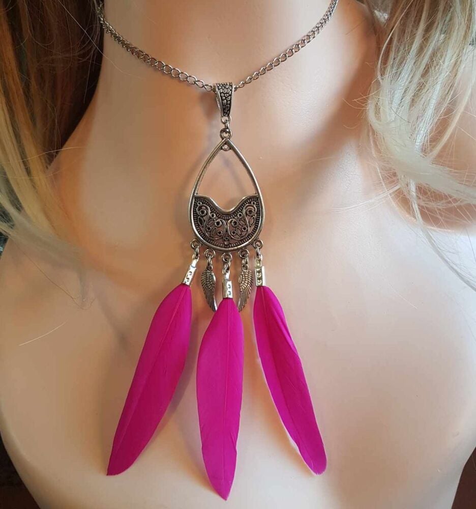 Shocking Pink Feather Necklace with Silver Teardrop Pendant, Angel Wing Charms and Chain