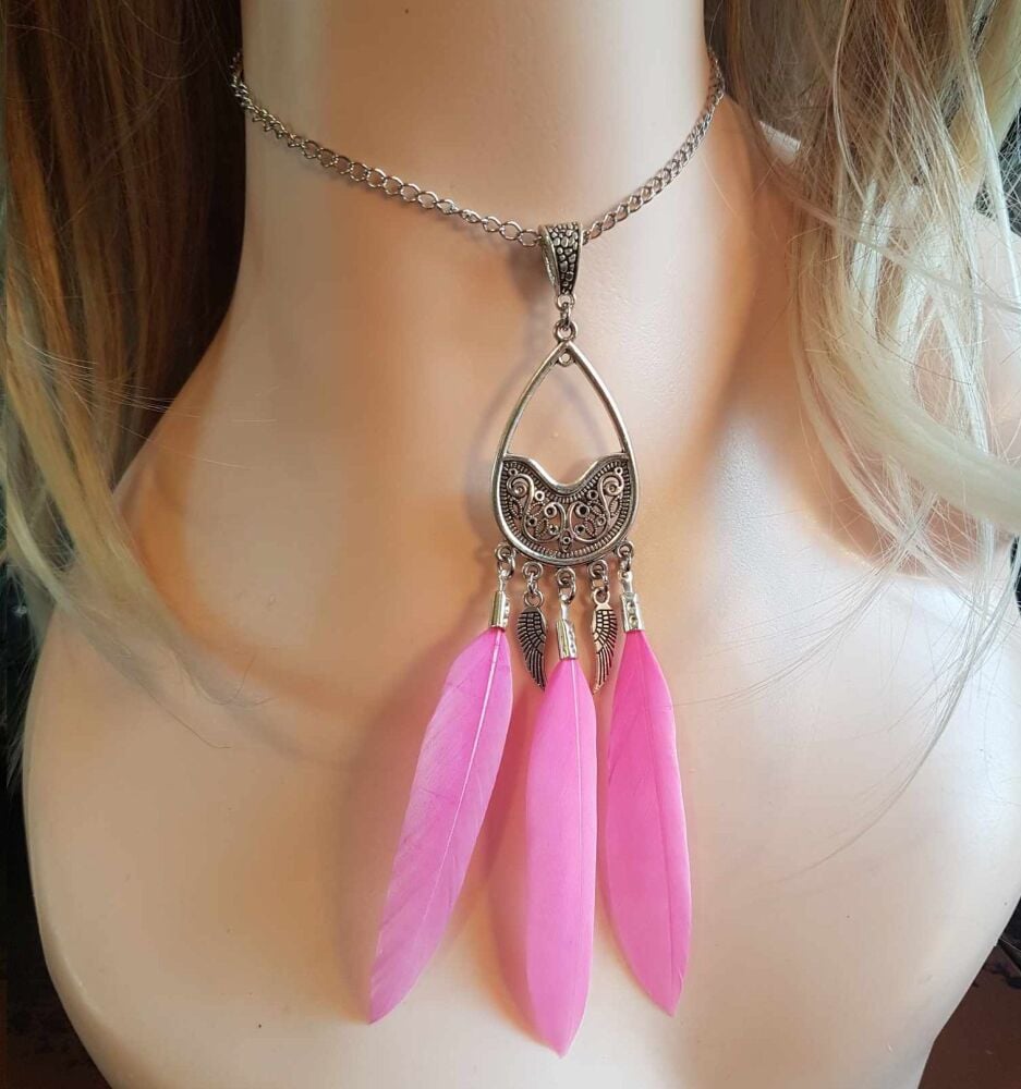 Candy Pink Feather Necklace with Silver Teardrop Pendant, Angel Wing Charms and Chain