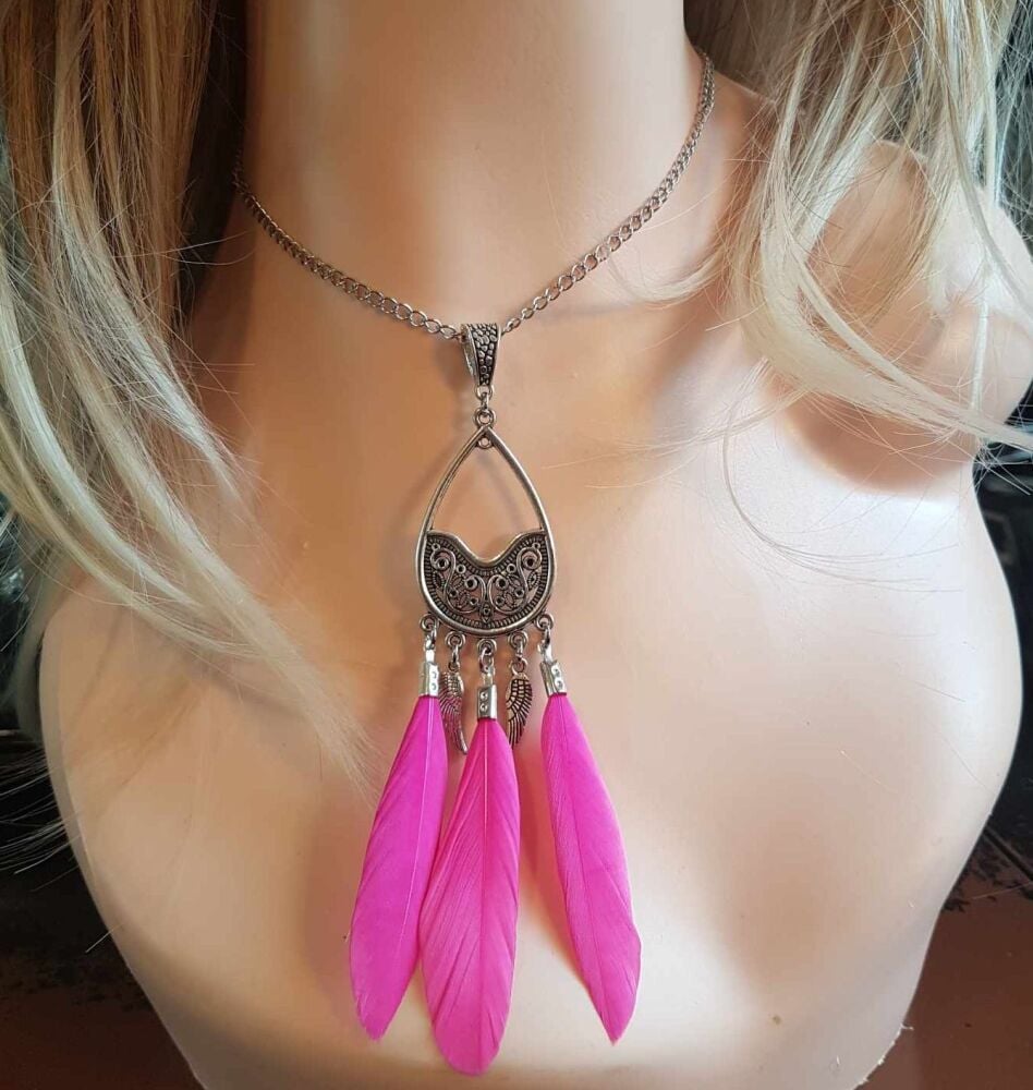 Hot Pink Feather Necklace with Silver Teardrop Pendant, Angel Wing Charms and Chain