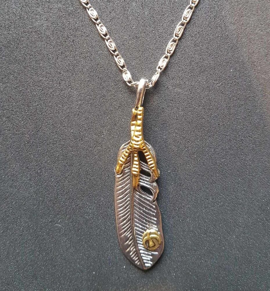 Gold and Silver Feather Pendant Necklace - Unisex. Silver Chain