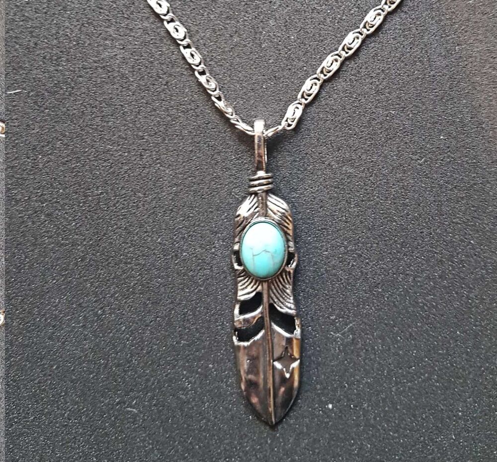 Silver and Turquoise Feather Pendant Necklace - Unisex. Silver Chain