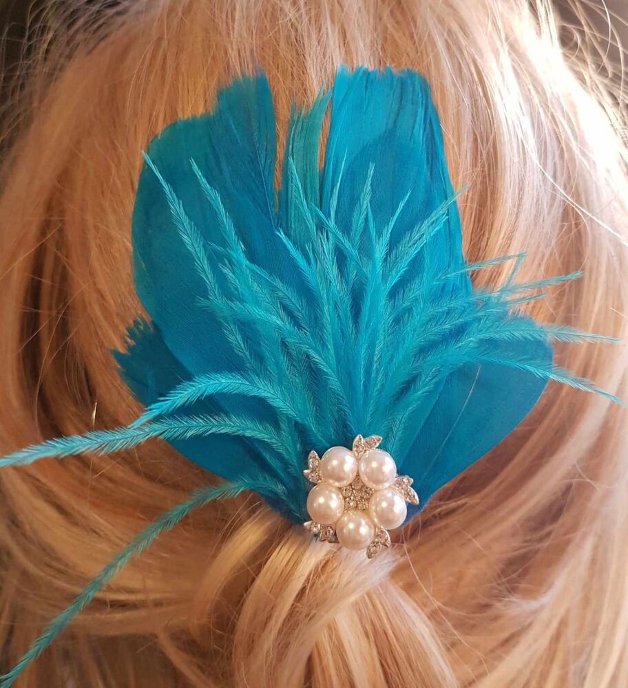 Blue Aqua and Turquoise Feather Hair Clip with Ostrich Hurl and Pearl, Diamante Gem