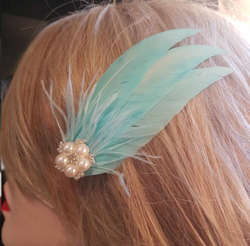 Light Turquoise Feather Hair Clip, Pointed