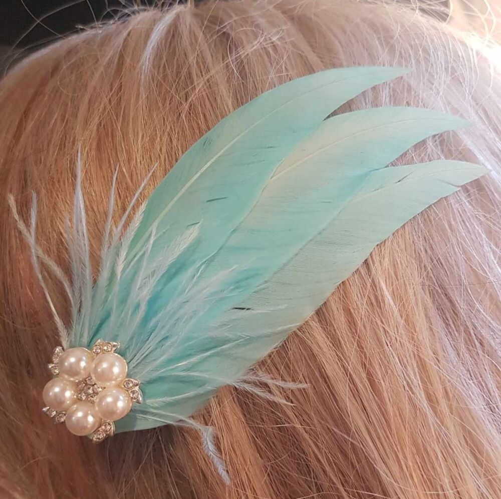 Light Turquoise Feather Hair Clip, Pointed