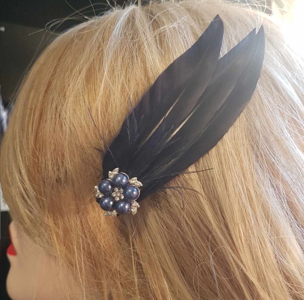 Navy Blue Feather Hair Clip, Pointed