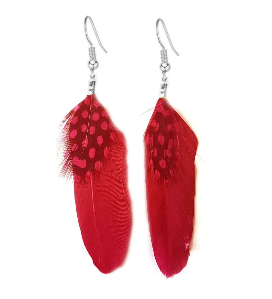 Red Goose and Spotty Guinea Feather Earrings