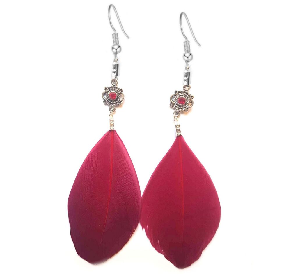 Burgundy and Silver Goose Feather Earrings with Red Gem Detail