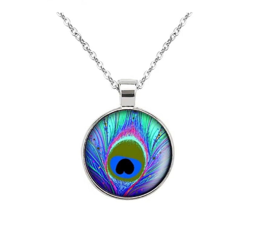 Peacock Eye Glass Dome Pendant Silver Necklace Statement Jewellery, Pretty Shades