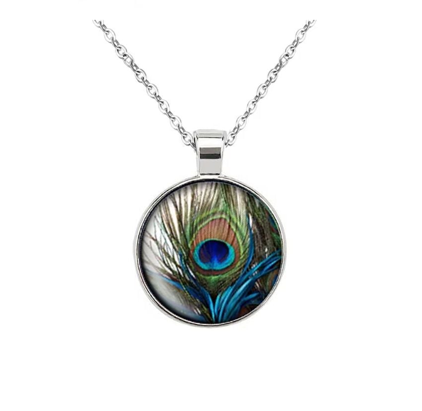 Peacock Eye Glass Dome Pendant Silver Necklace Statement Jewellery