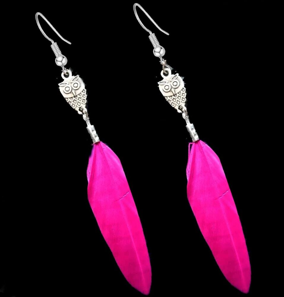 Shocking Pink Goose Feather Earrings with Silver, Decorative Owl Charm