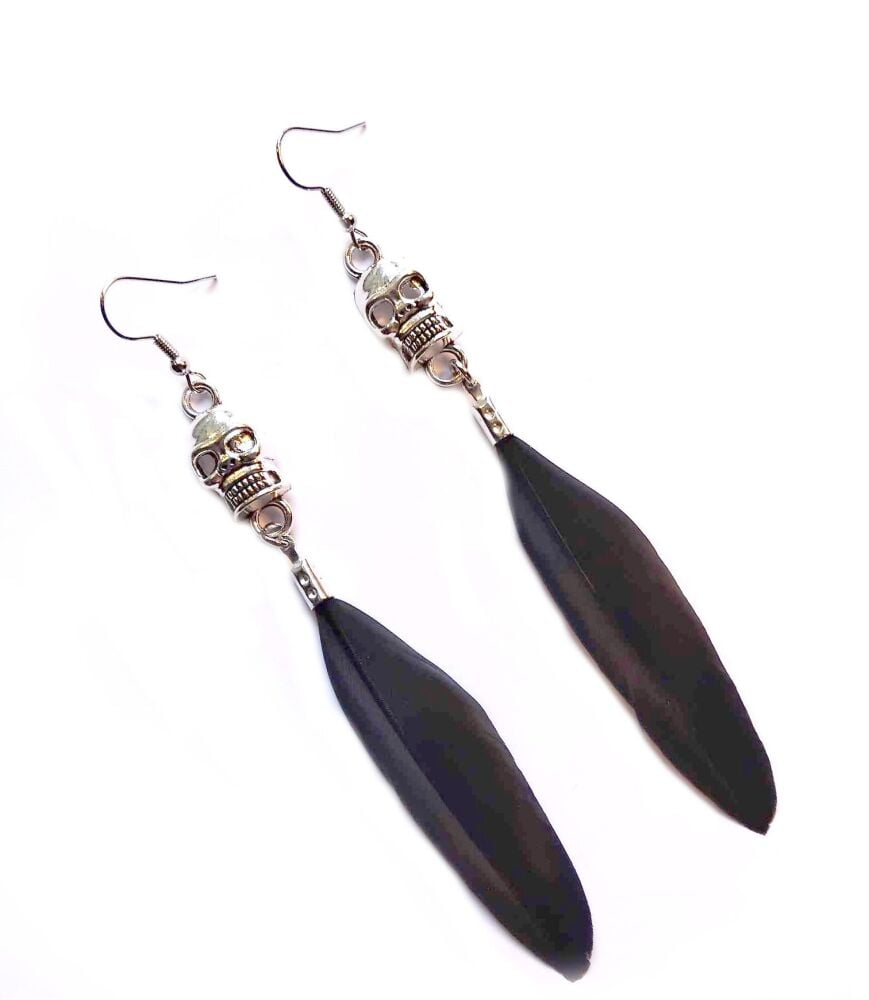 Black Feather Earrings with Silver Skull Charm