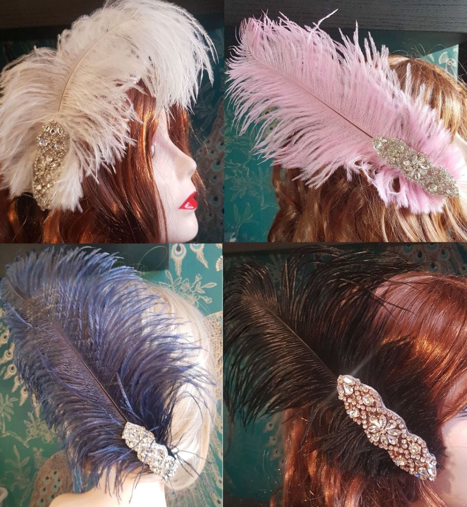 Ostrich Feather Flapper Clips: Diamante Applique