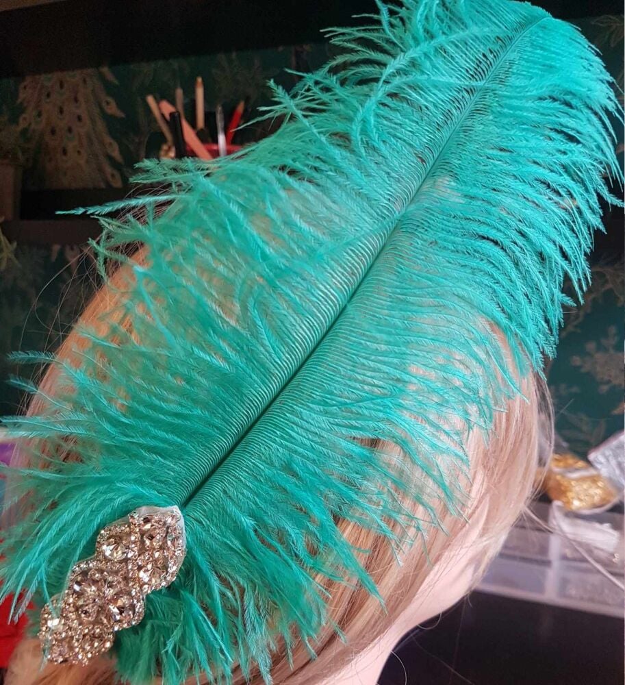 Jade Green Ostrich Feather Hair Piece, Clip Style with Diamante Crystal Applique