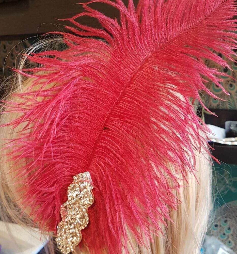 Dark Red Ostrich Feather Hair Piece, Clip Style with Diamante Crystal Applique