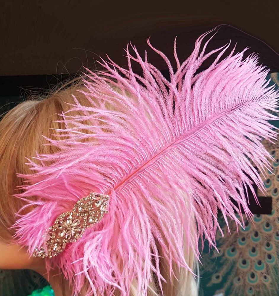 Pink Ostrich Feather Hair Piece, Clip Style with Diamante Crystal Applique