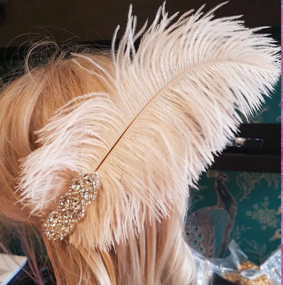 Cream Ostrich Feather Hair Piece, Clip Style with Diamante Crystal Applique