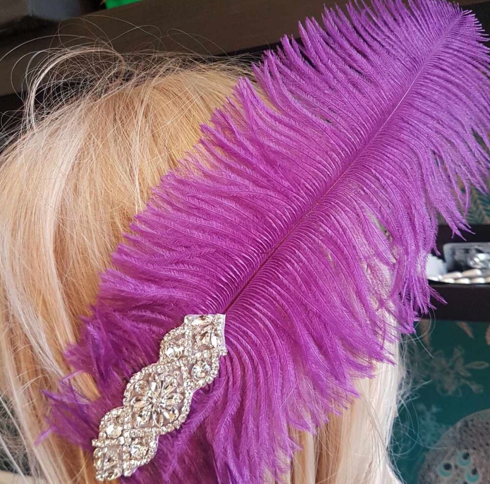 Purple Ostrich Feather Hair Piece, Clip Style with Diamante Crystal Applique