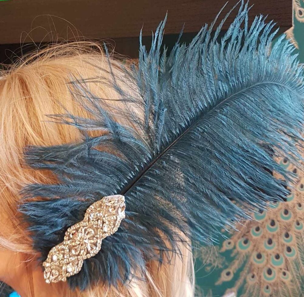 Deep Teal Ostrich Feather Hair Piece, Clip Style with Diamante Crystal Applique