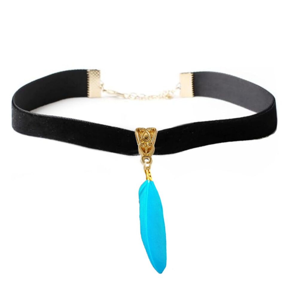 Black Velvet Choker Featuring Vibrant Aqua Blue Goose Feather