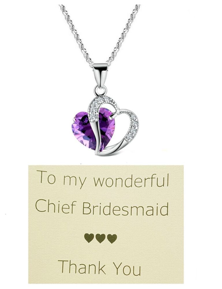 Purple Crystal Heart Necklace Chief Bridesmaid Gift Set