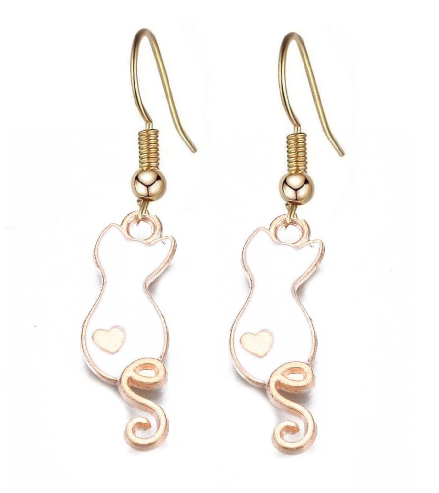 Cat Earrings: White and Gold Enamel, Back View