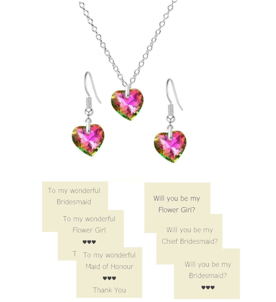 Pink Yellow Heart AB Crystal Necklace & Earrings - Bridesmaid, Maid of Hono