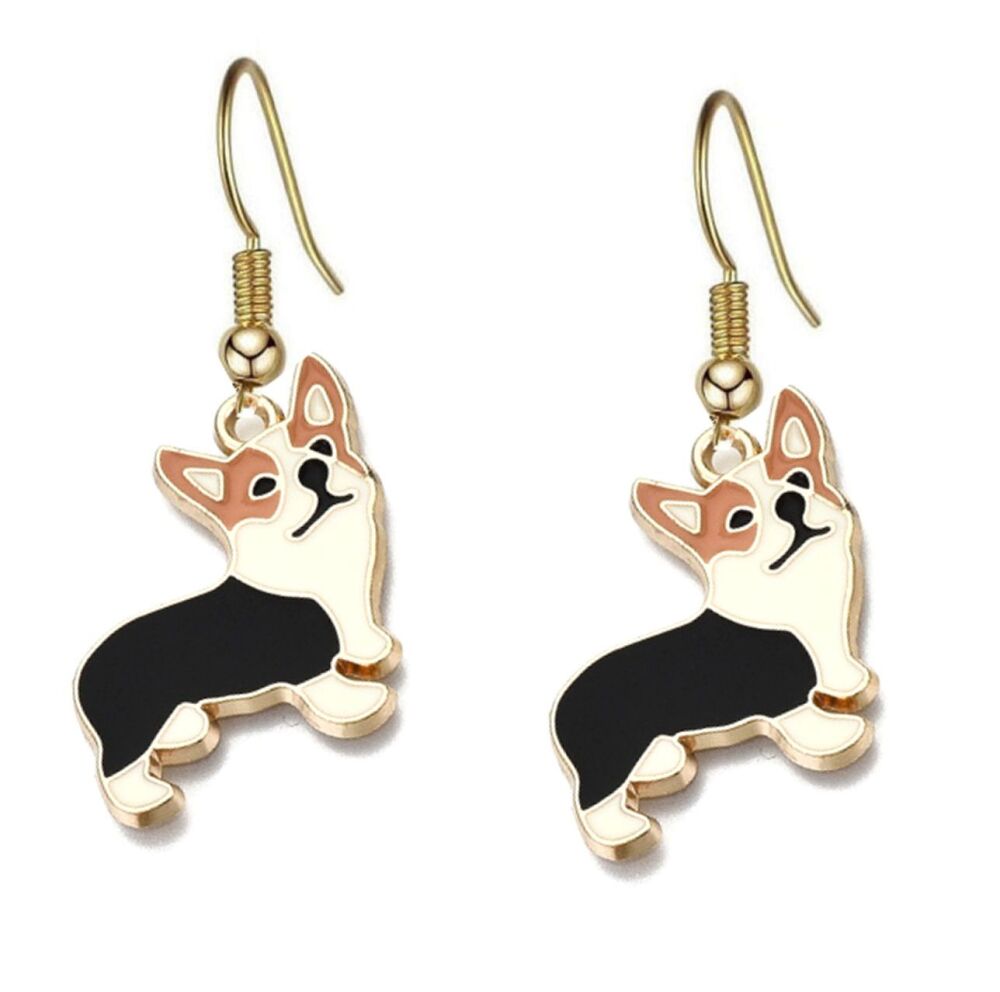 Corgi Dog Earrings: Gold with Brown and White Enamel
