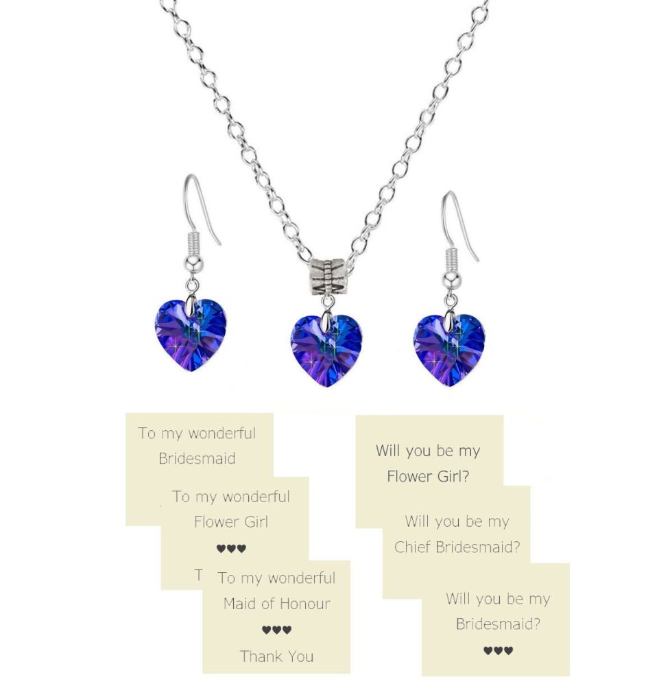 Royal Blue Heart AB Crystal Necklace & Earrings - Bridesmaid, Maid of Honor, Flower Girl etc, Gift Set