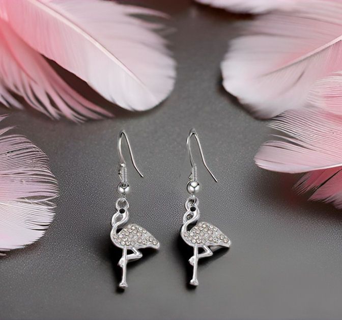 Flamingo Earrings - Silver with Rhinestones, Handcrafted