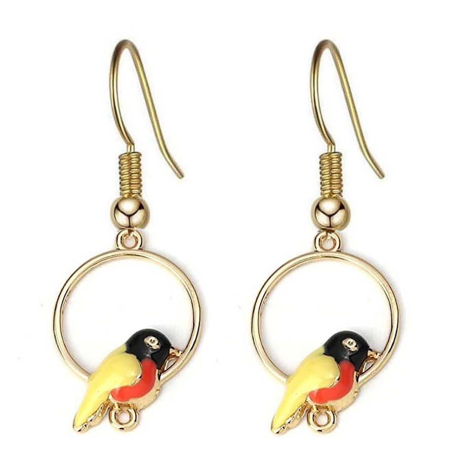 Birds in a Hoop, Gold Drop Earrings (Yellow and Black)