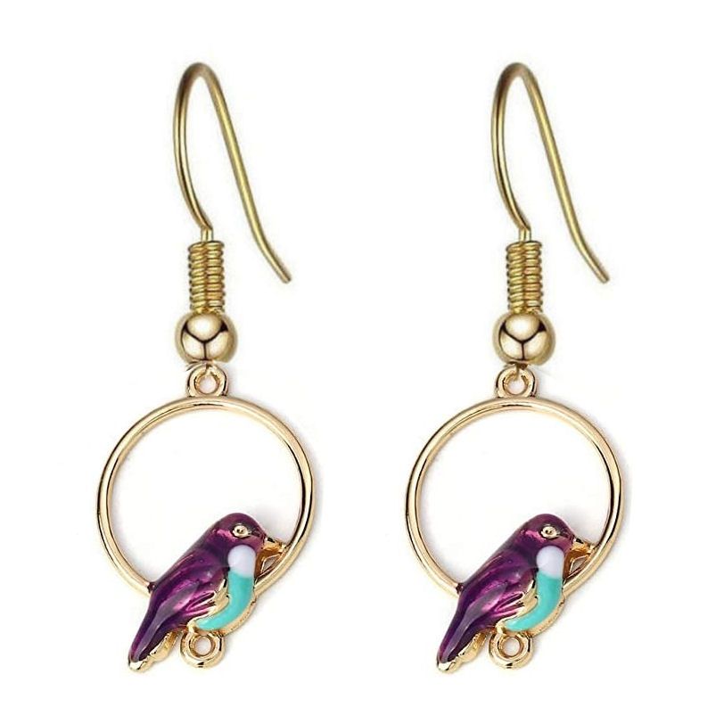 Birds in a Hoop, Gold Drop Earrings (Purple)