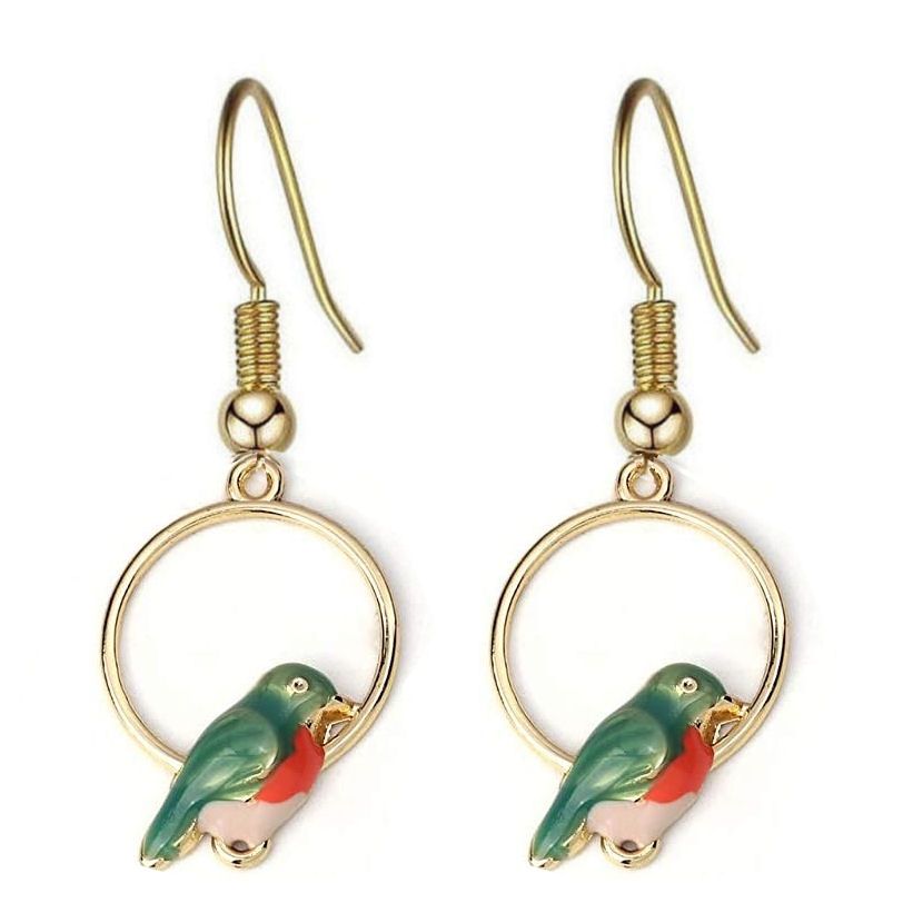 Birds in a Hoop, Gold Drop Earrings (Green)