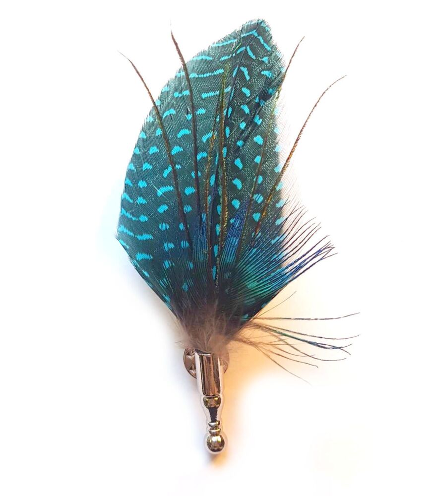Feather Buttonhole: Blue Guinea Fowl and Peacock Accent Boutonniere