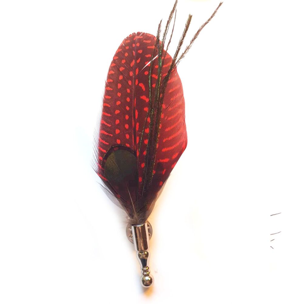Feather Buttonhole: Red Guinea Fowl and Peacock Accent Boutonniere